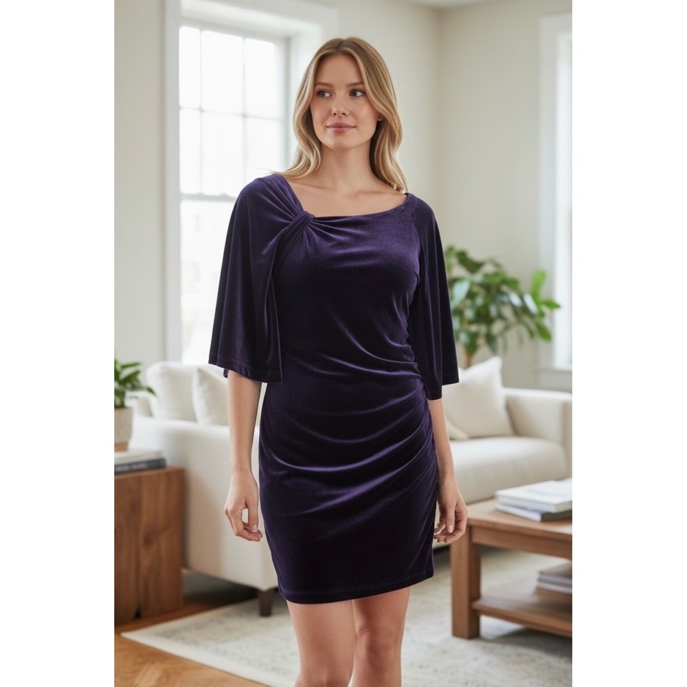 Diane von Furstenberg Chinta Purple Velvet Silk Blend Ruched Mini Dress Size 8